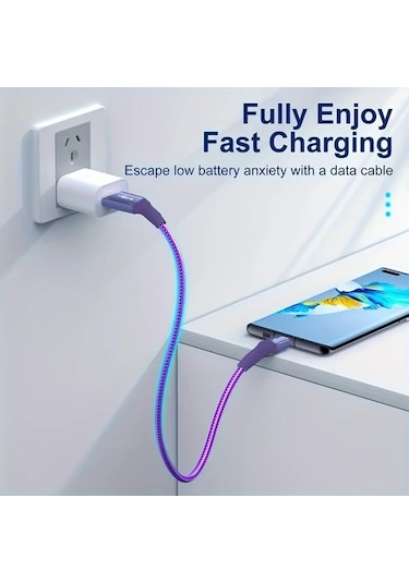 Hightower Dınıje Usb-c Hızlı Şarj Kablosu Renkli Işık Göstergeli 3 3ft Nylon Siyah