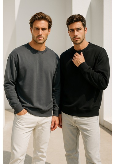 Rich Erkek 2'li Paket Siyah - Antrasit Bisiklet Yaka Scuba Basic Sweatshirt Siyah