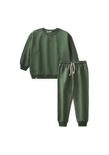 Cigit Basıc Karyoka Detaylı Sweatshirt Takım 3-8 Yaş Haki Yeşili Haki