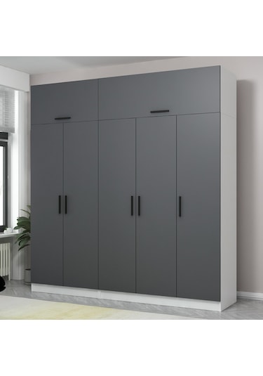 Minar Kale 5 Kapaklı 2 Çekmeceli Dolap Ve Yüklük Beyaz Antrasit 255cm