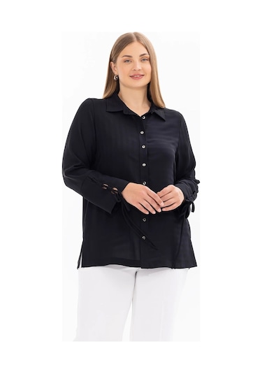 Galaxi Kadın Büyük Beden Kol Detaylı Düğmeli Gömlek 4007 Siyah