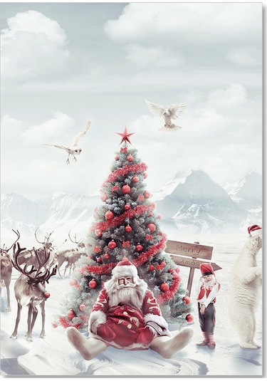 Cakasepetim Yılbaşı Ağacının Önündeki Yorgun Noel Baba Ahşap Mdf Tablo