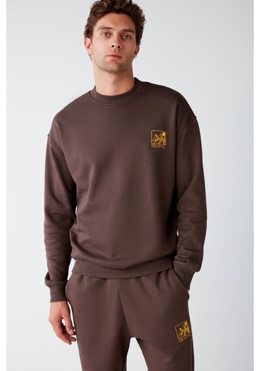 GRIMELANGE Benjı Erkek Yumuşacık Kumaşlı Nakışlı Kahverengi Eşofman Takımı Kahverengi