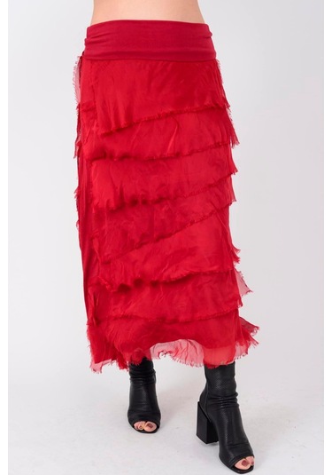 İtalyan 2 Beden Ince Gösteren Kat Kat Ipek Etek & Straplez Elbise Kırmızı