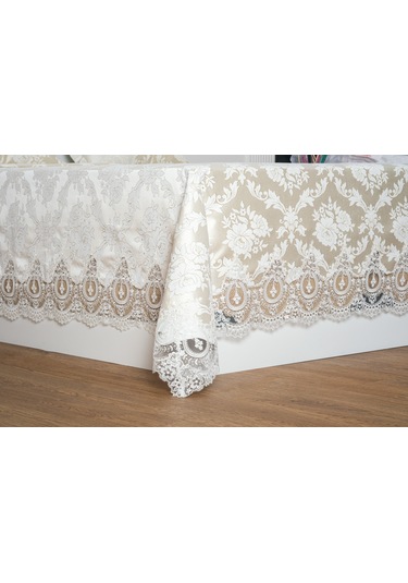 Finezza Beste Fransız Dantelli Simli Jakar Kumaş Gold Yatak Örtüsü 3 Prç-1452 Altın