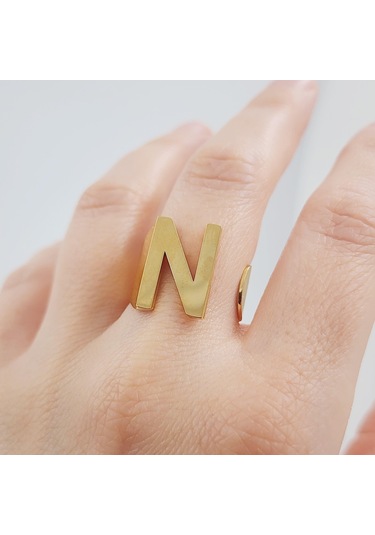 Çelik Gold Düz Kesim Harf Yüzük -n Harfi- Ayarlı Ölçü-1898 Altın