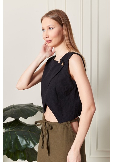 Şık Farklı Tarz Asi Keten Bluz - Modern Ve Cesur Tasarım Siyah