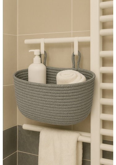 Dekoratif Askılı Banyo Sepeti 18 40 16 Cm Saklama Ve Düzenleyici Hasır Jüt Sepet Organizer El İşi Gri