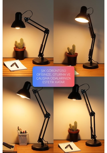 Akrobat Masa Lambası Yaylı Metal 360 Ayarlanabilir Çalışma Okuma Lambası Siyah Siyah