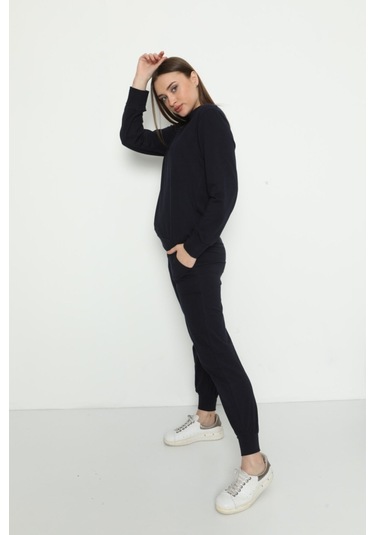 Kadın Bisiklet Yaka Pamuklu Uzun Kollu Pijama Takımı Lacivert Renkli 28243 Lacivert