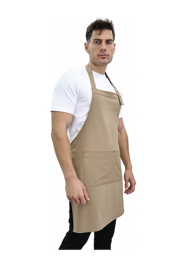 Düz Cepli Ayarlanabilir Düğmeli Arkadan Bağcıklı Önlük 3004 Taba