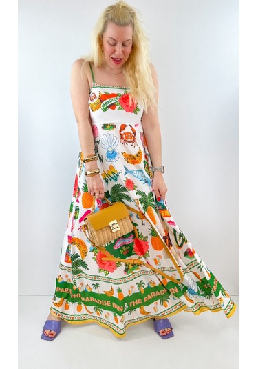 Özel Baskı Maxi Şifon Elbise Çok Renkli