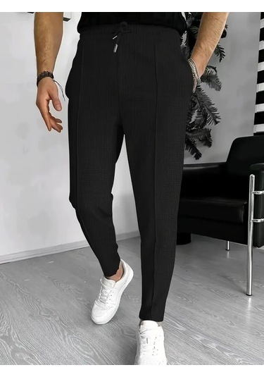 Erkek Yüksek Bel Önden Bağcıklı Cepli Waffle Pantolon Siyah