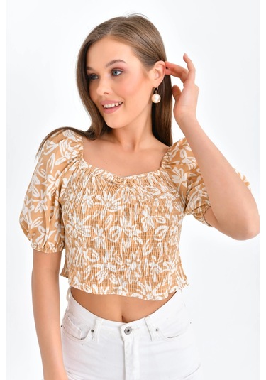 Kadın Çiçek Desenli Gipe Detay Balon Kol Crop Bluz CAMEL