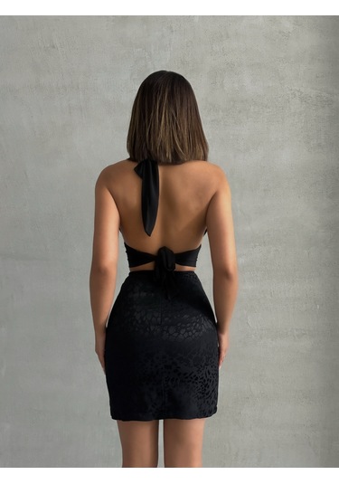 Kadın Desenli Saten Etek Siyah