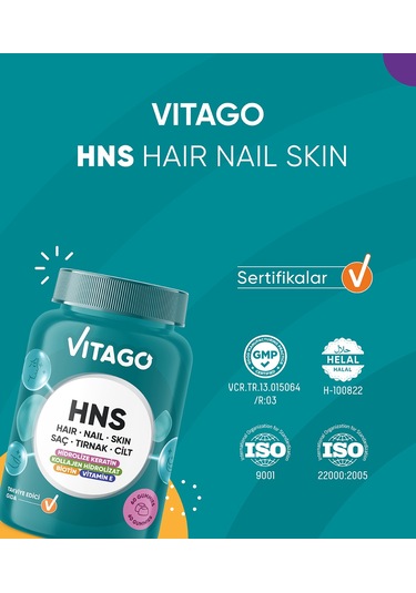 Vitago Hns Hair Nail Skin Biotin, Folik Asit, Vitamin E Ve Hidrolize Keratin İçeren 60 Adet Çiğnenebilir Gummies Form Takviye Edici Gıda