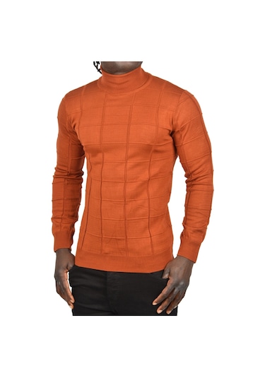Deepsea Erkek Kiremit Rengi Kare Desenli Balıkçı Yaka Slim Fit Boğazlı Triko Kazak 2505493 Kiremit Rengi Kiremit