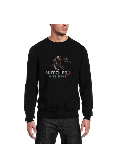 The Witcher Baskılı Siyah Erkek Örme Sweatshirt (530973862)