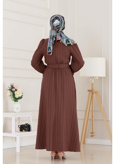 Kolu Volanlı Kemerli Henna Elbise-kahverengi-5054 Kahverengi