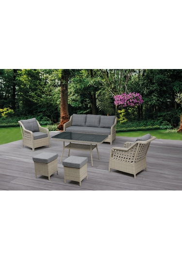 Ronda 3+1+1+2puf+masa Rattan Bahçe Balkon Mobilyası Bambu - Krem