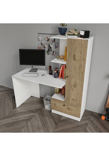 Merlin Mobilya Minör Çalışma Masası Ve 7 Bölmeli Kitaplık Meşe Beyaz - Meşe