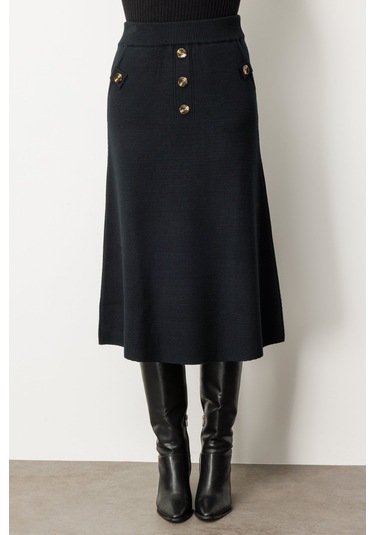 On Kadın Düğmeli Triko Etek 65207 Siyah Siyah