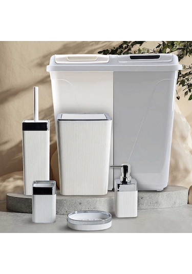 Violet Still Çamaşır Sepetli 6 Parça Kare Banyo Seti Beyaz - Gri