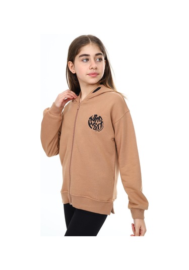 Toontoy Kız Çocuk Kapüşonlu Fermuarlı Düşük Omuz Nakış Baskılı Yırtmaç Detaylı Örme Hırka - 3 İplik Şardonsuz Kahverengi