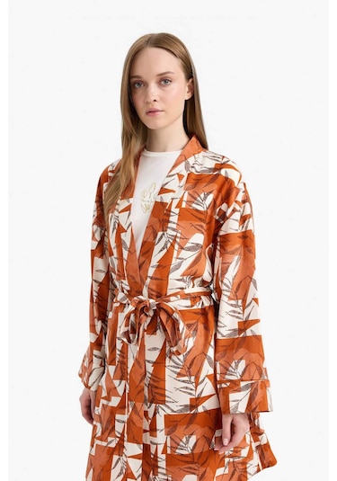 Defacto Relax Fit Bisiklet Yaka Desenli Viskon Kimono E7262ax25smog613 Turuncu