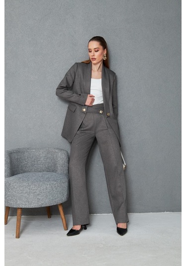 Kare Düğmeli Yünefekt Takım Antrasit Düz Antrasit