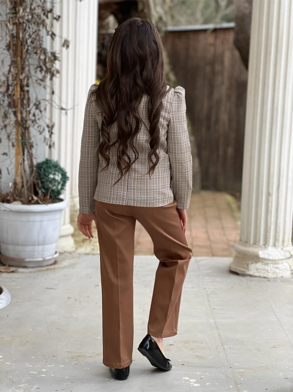 Uğurböceğiçocuk Astarlı Ekose Ceket Broşlu Gömlek Pantolon Kemer 4'lü Kız Çocuk Takım Taba