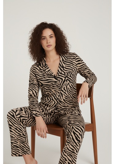 Luxury Viscose Zebra Desenli Kadın Uzun Kollu Pijama Takımı 42570 Zebra