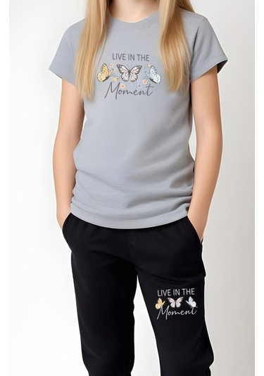 Fyk Kids Kız Çocuk Baskılı Live Kelebek Bel Detayı Lastikli Alt-üst Pijama Takımı Gri