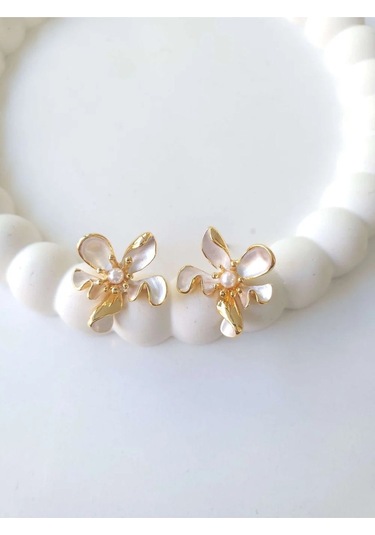Çelik Gold Incili Çiçek Kadın Küpe - Blossom Sevgiliye Hediye Altın