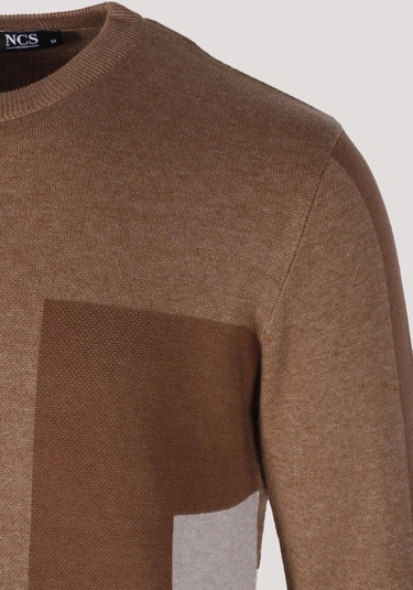 Erkek Triko Camel Bisiklet Yaka Desenli Slim Fit Pamuklu Kazak Ncs Jeans 3740-camel Camel