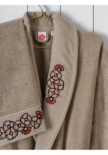 Cotton Box Folk Art Aile Bornoz Seti Yamka Bej-antrasit Antrasit Bej