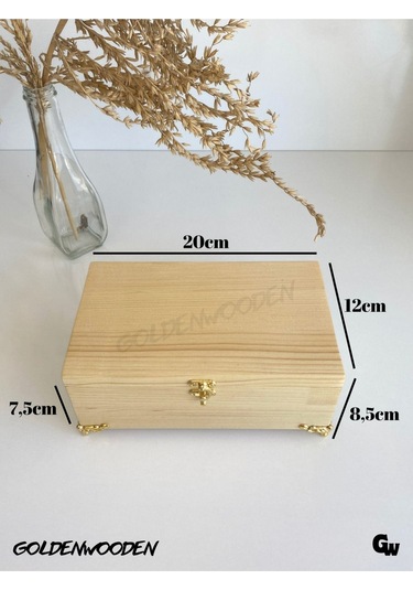 Doğal Ahşap Takı Kutusu Ahşap Saklama Kutusu Beyaz Çam Boy:20cm En:12cm Yük:8,5cm
