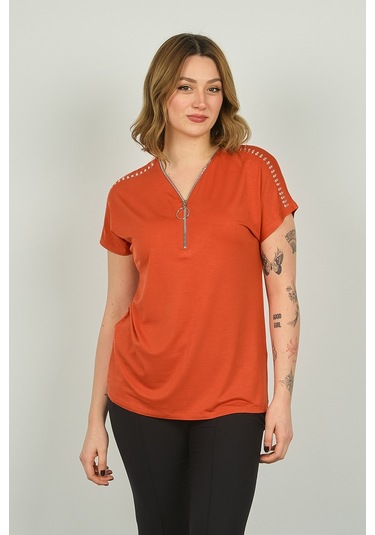 Ella Camelia Kadın Fermuarlı Kısa Kol Bluz 20e038 Kiremit
