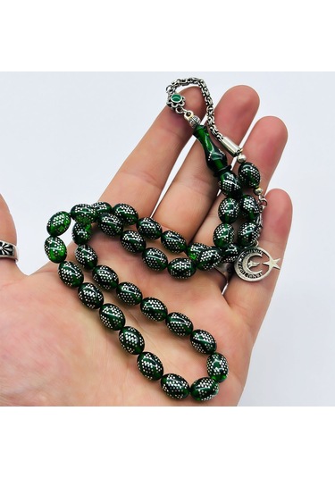 Yeşil Renkte 925 Ayar Gümüş İşlemeli Sıkma Ateş Kehribar Tesbih