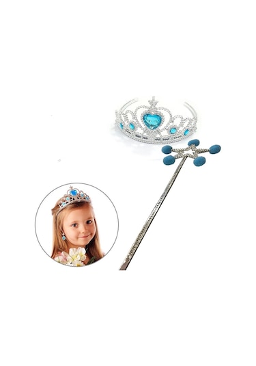 Mavi Ponponlu Karlar Ülkesi Elsa Asası Ve Mavi Kalp Taşlı Elsa Tacı