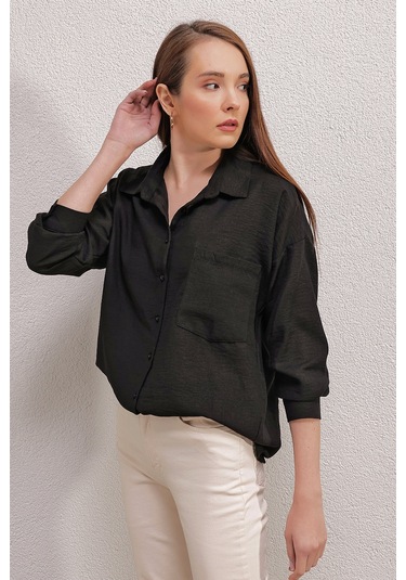 Bigdart 20153 Tek Cepli Oversize Gömlek - Siyah 001