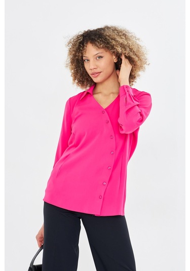 Asimetrik Pile Detay Gömlek Fuşya Fuşya