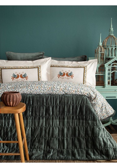 Bedline Wellsoft Kapitone Yatak Örtüsü Seti Çift Kişilik Wing Yeşil Yeşil