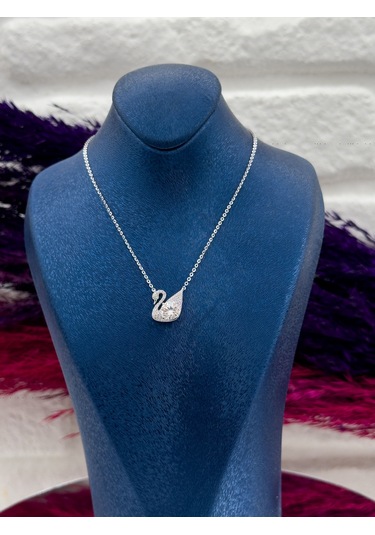 925 Ayar Gümüş Mosanite Taşlı Kuğu Modeli Aşk Temalı Zarif Kadın Kolye Gümüş