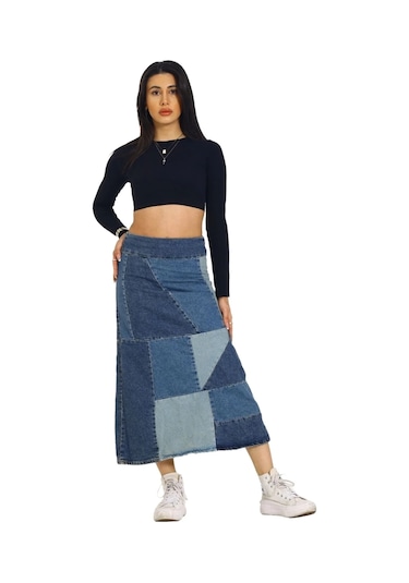 Vexor Mavi Patchwork Desenli Denim Kot Etek