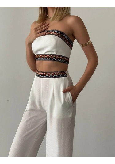 Aztek Motifli Şerit Korse Crop Cepli Lastikli Palazzo Pantolon Modern Etnik Yazlık Boho Keten Takım Beyaz