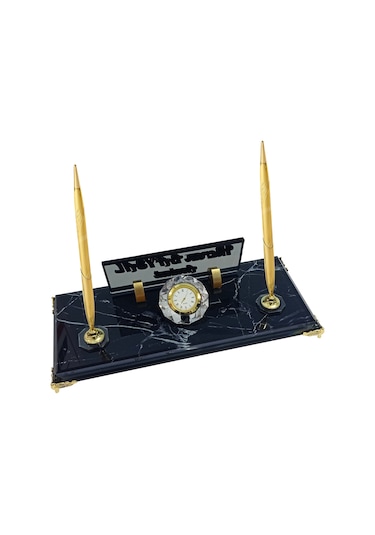 Sentez Siyah Mermer Desenli Vip Kristal Masa Üstü İsimlik