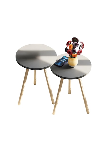 2'li Zigon Sehpa Seti Saksılık Ve Çiçeklik Standı, Dekoratif Yan Sehpa Ahşap Ayaklı 33 Cm Çap - Siyah Siyah