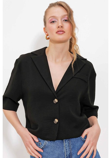 Gabria Kısa Keten Ceket Siyah