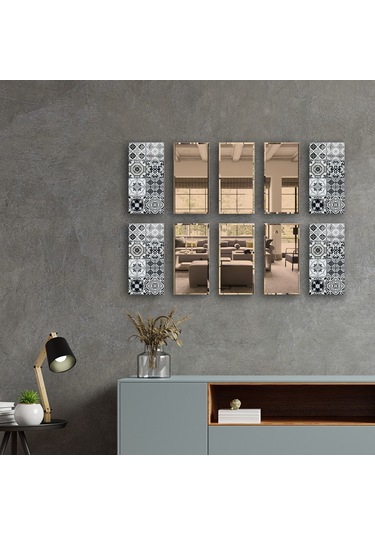 Dekor Camı | Karakalem Çizim Cam ve Bronz Ayna | 10'lu Takım
